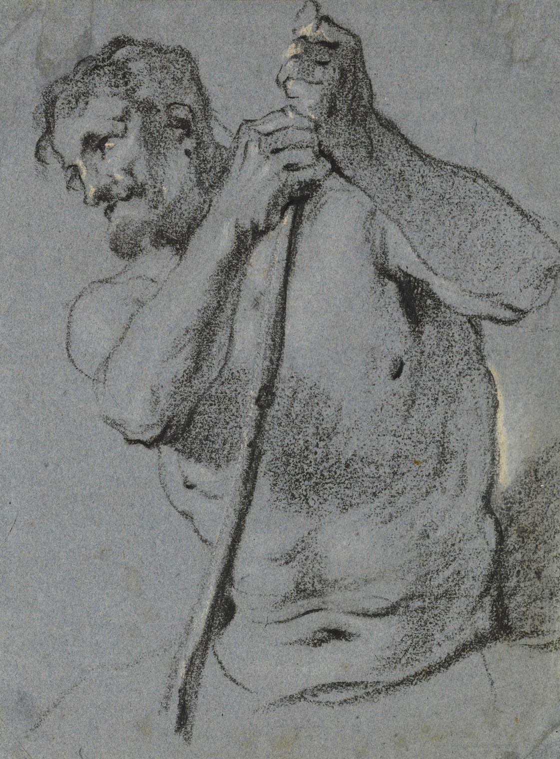 Lucas FRANCHOYS THE YOUNGER | A Half-Length Study of a Male Nude Holding a  Staff