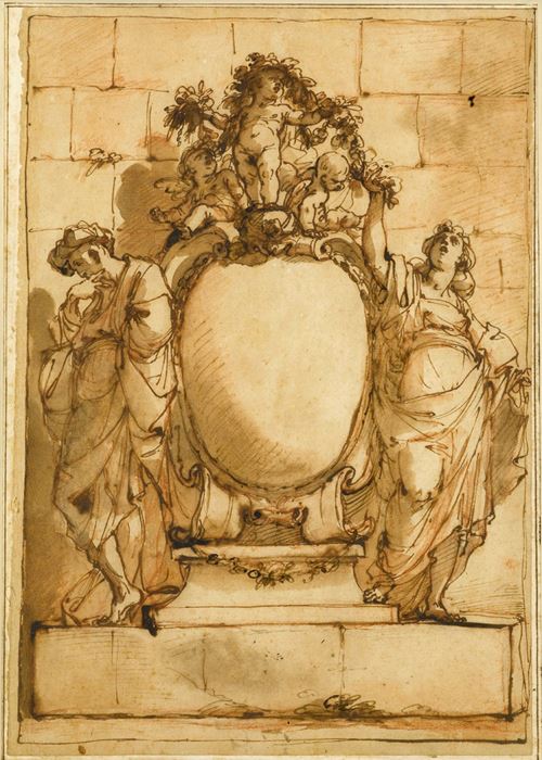 Ubaldo GANDOLFI | Design for a Monument or Frontispiece, with a Male and  Female Figure Flanking a Cartouche, Three Putti Holding a Garland Above