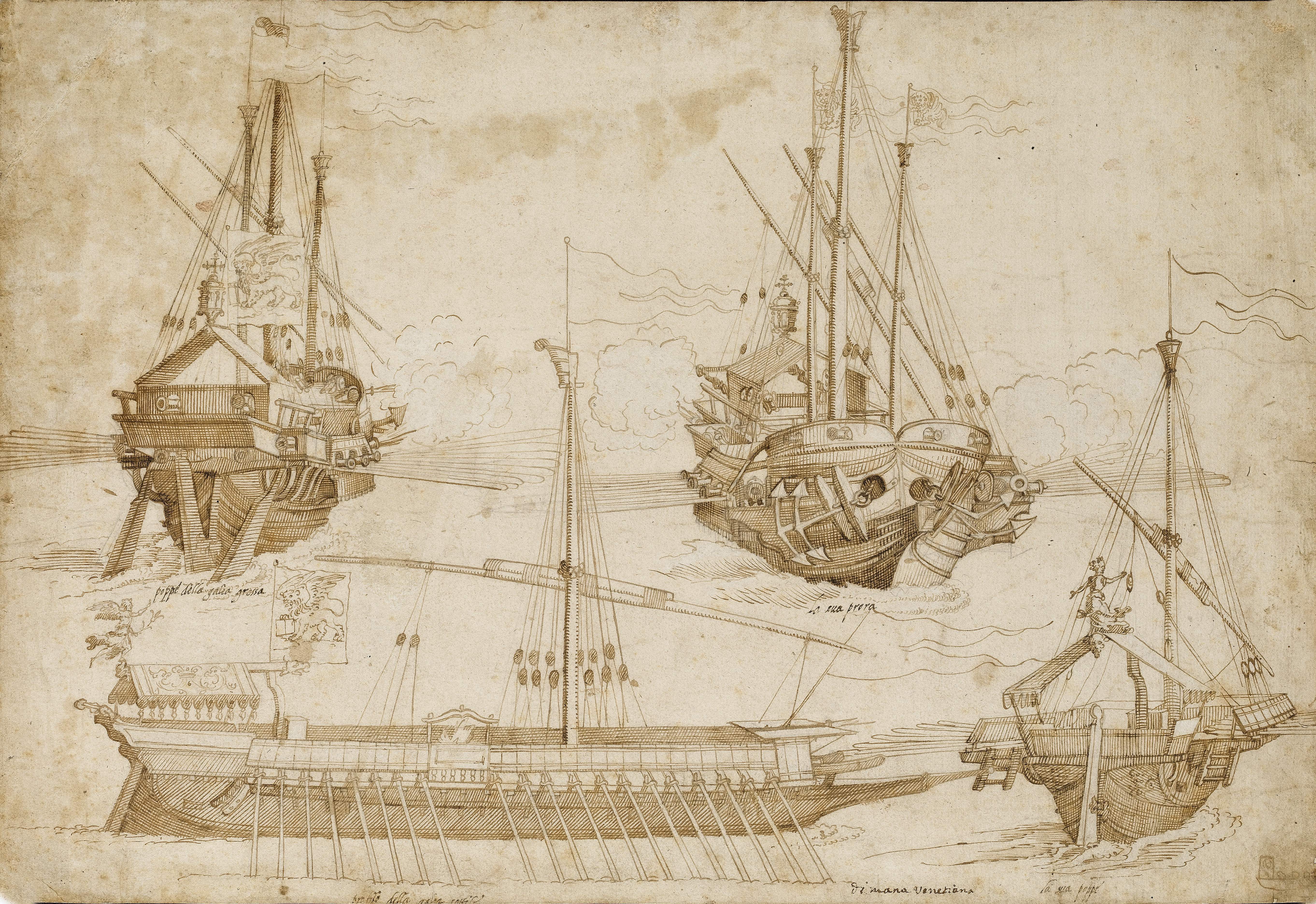 16th Century North Italian School | Four Studies of Venetian Galleys
